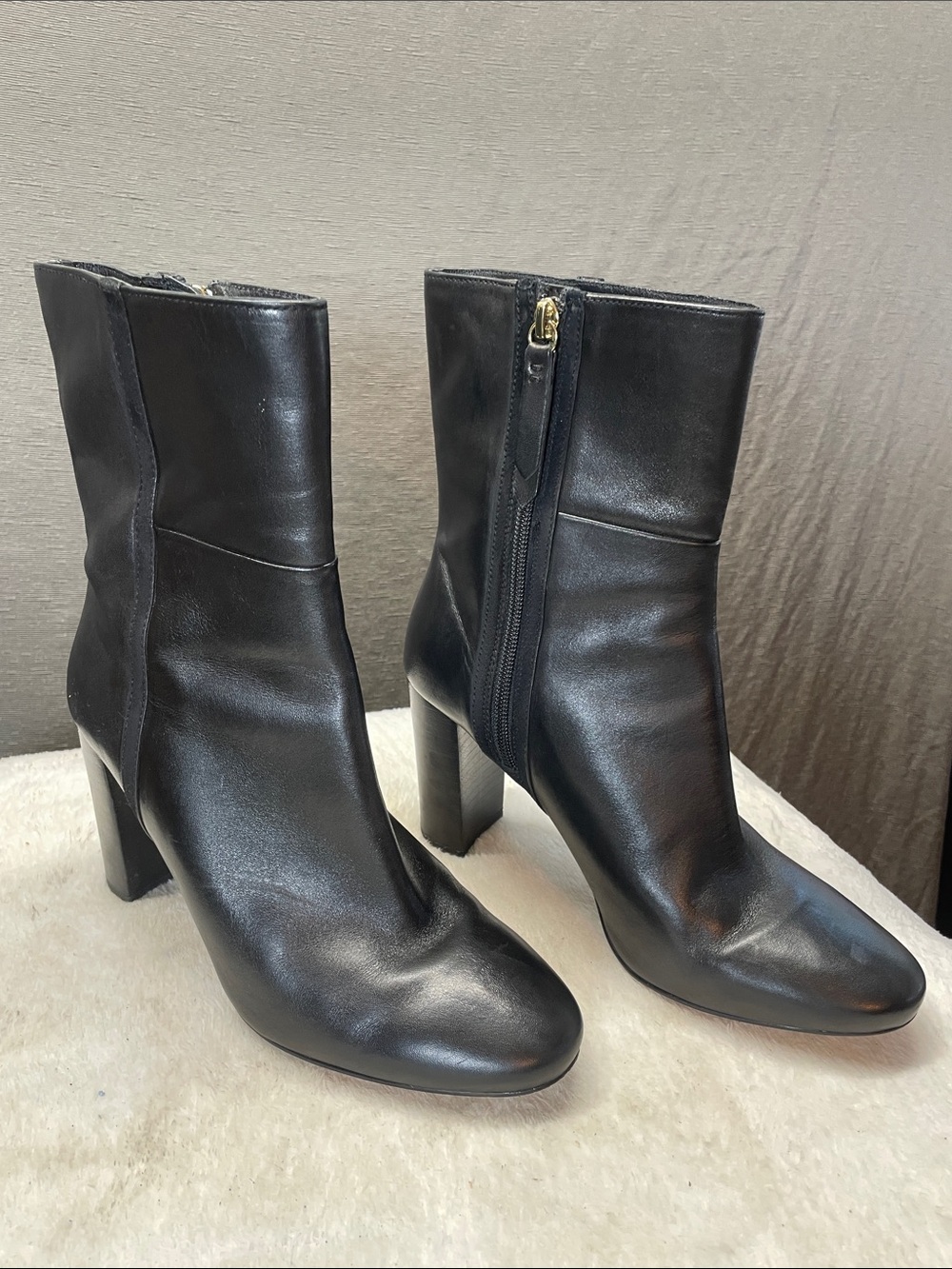 Boden Black Leather Block-Heel Mid-Calf‎ Zip Boots